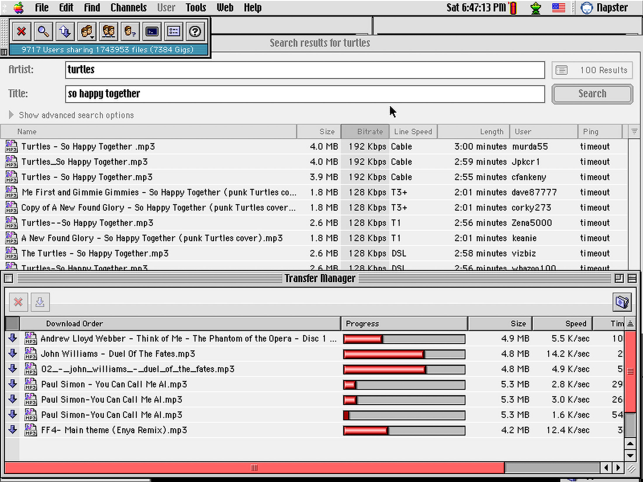 Screenshot of the Napster software running on Mac OS9, show a grey interface with the track title in small text on the left, then on the right, a red progress bar, showing when the tracks will be downloaded.