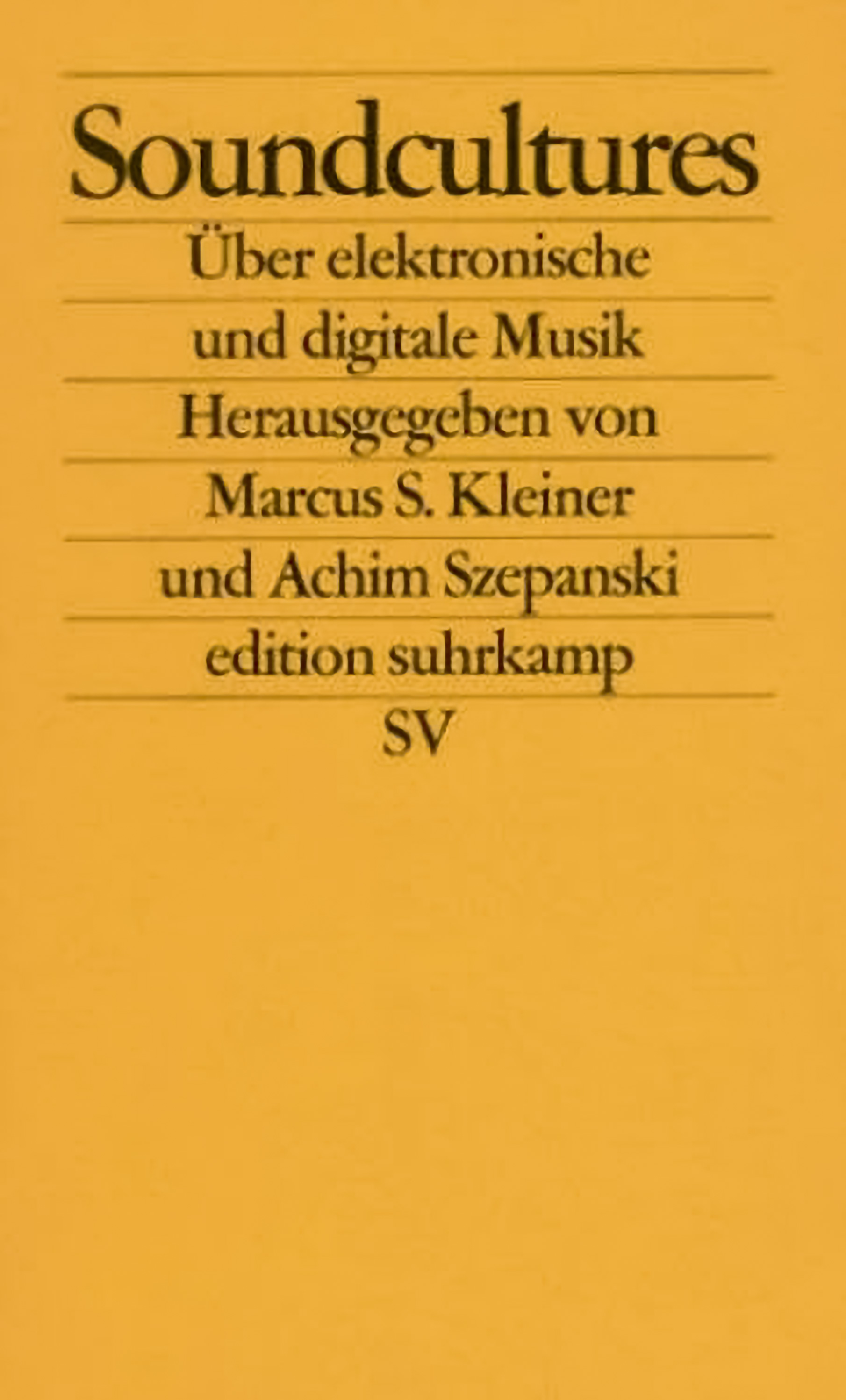 Photograph of the front cover, has a orange background then the title in black typography at the top, using black horizontal rules, below the bottom of the typographic letters.