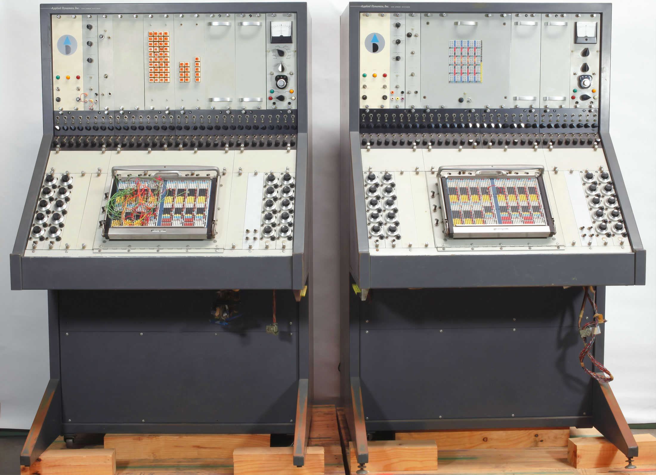 Control panel of the 1st nuclear power plant ever built, with retro 1950s style, dials, buttons and lights.